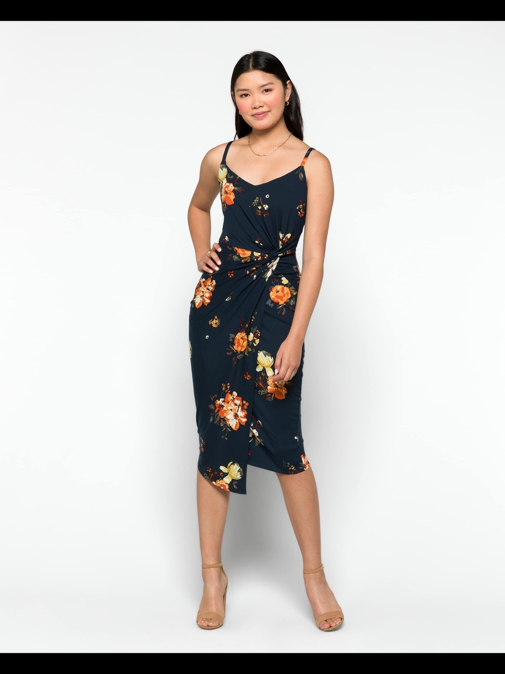 NINE BRITTON Vivienne Knit Fitted Midi Dress Floral Twist-Front Navy Midi Dress